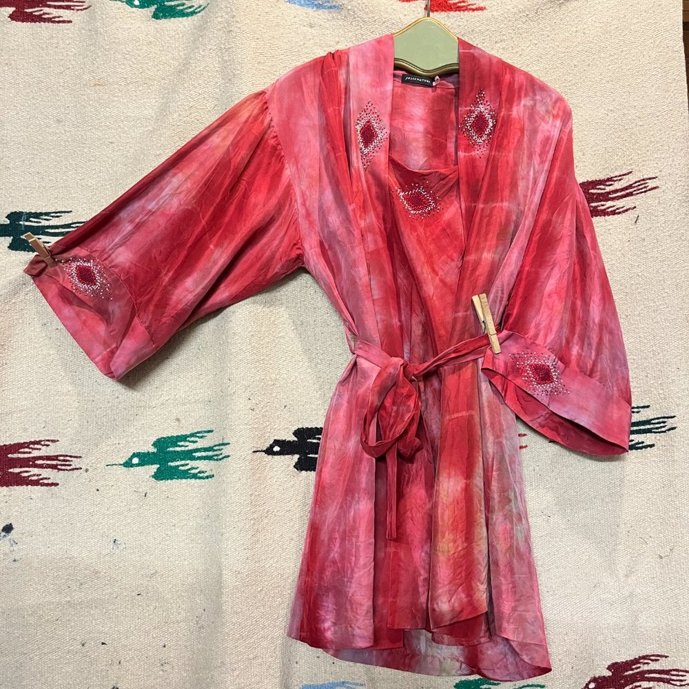 josie NATORI Robe + Slip Red Tye-Dye 100% Silk BEADED NWOT Small - Boho Couture